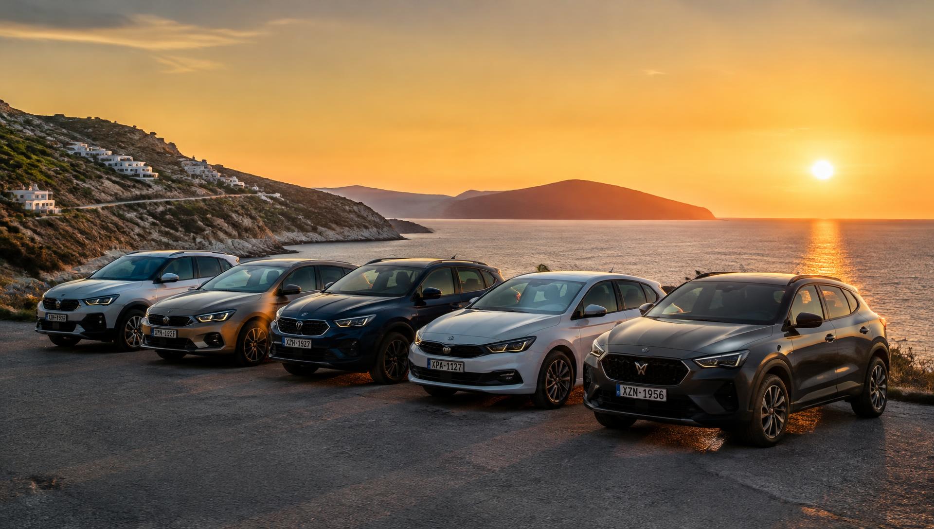Fleet of rental cars on a coastal road